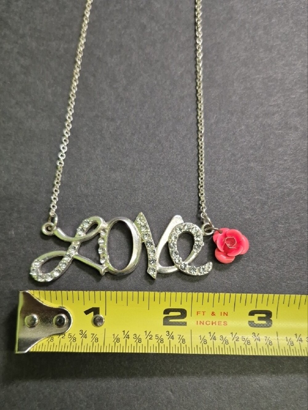 Silver Tone 'LOVE' 18" In. Necklace with Pink Rose Charm - Picture 5 of 5